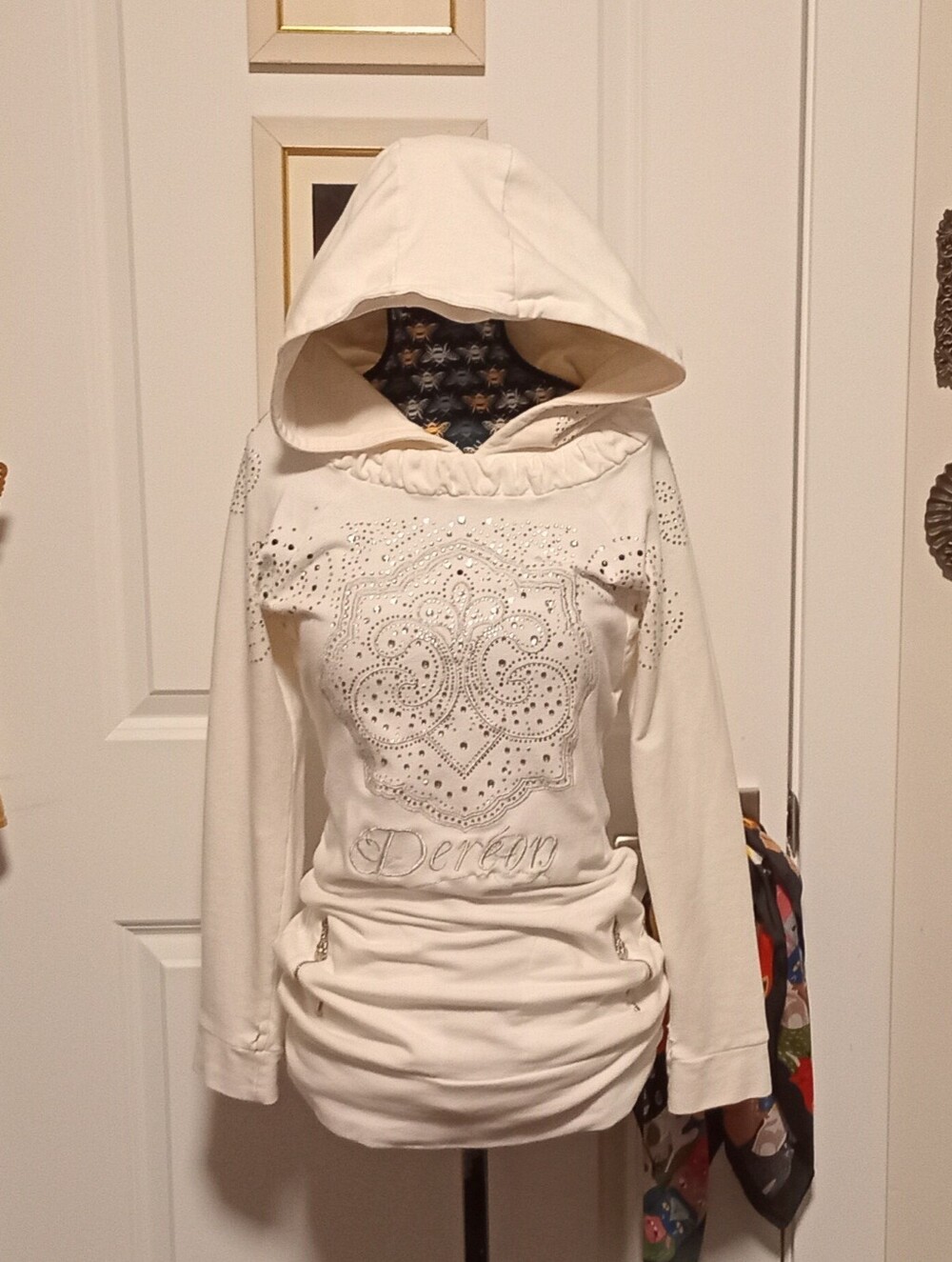 White Dereon hoodie with silver embroidery and rhinestones